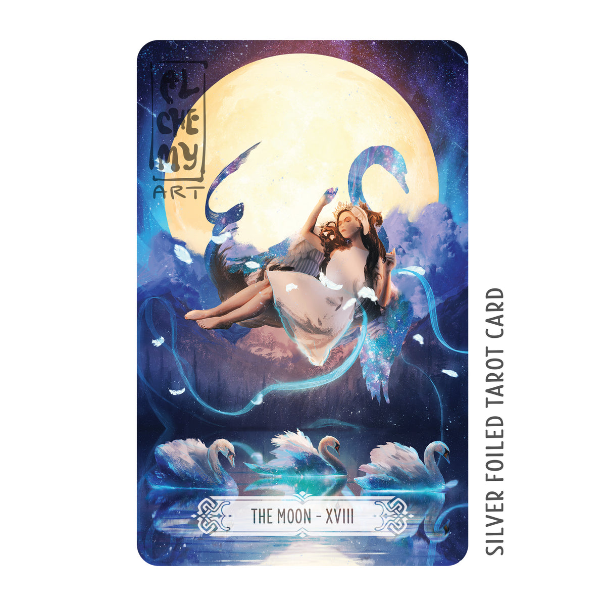 Tarot Card The Moon XVIII - Swan Lake by Alchemy Art, featuring a surreal, dreamlike landscape with a swan and moon imagery